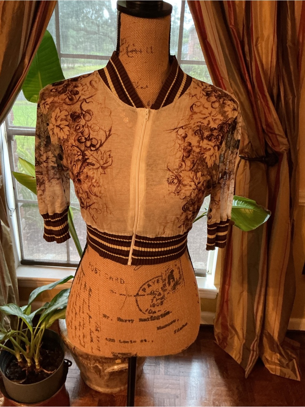 Jean Paul Gaultier Beige and Brown Floral Cropped Zip-Up Top